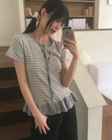 リナルストライプフリル半袖カーディガン