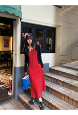 レッドハートドットロングスリーブレスドレス