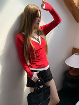 Lace Layered Long Sleeve V-Neck T-Shirt