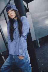 SOFT BOW BEANIE STRIPE BLUE