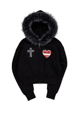 FUR TRIMMING HOODED ZIP-UP / BLACK