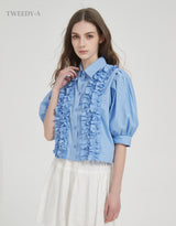 Ravina frill detail puff sleeve blouse blue