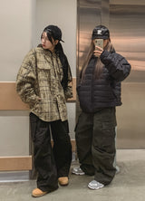 Trine check quilted padded hood shirt