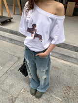 UI ドッグオフショルダーオーバーサイズフィットスリーブTシャツ