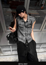 Semi-Cropped Multi-Pocket Denim Vest
