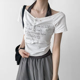 Halterneck button shirring off-shoulder short-sleeved T-shirt (3 colors)