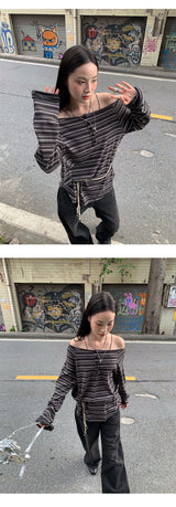 wide neck loose fit stripe long-sleeve t-shirt