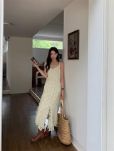 Slit shirring flower long sleeveless dress