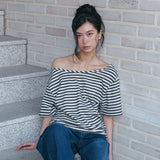 CサイドシャーリングオフショルダーTシャツ - ブラック