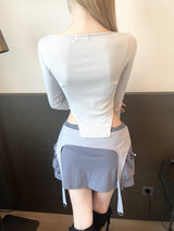 1208. Eyelet ribbon curved crop T (2color)