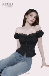 Black lace square short-sleeve blouse
