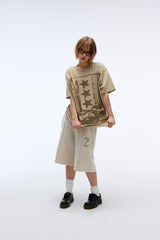 Sound wave artwork damage washing T-shirt (Beige)_1