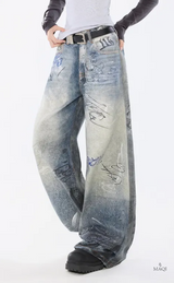 Hand-Painted Distressed High-Waisted Wide-Leg Jeans
