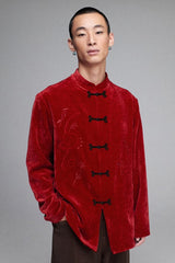 velvet chenille embroidered Mandarin collar shirt