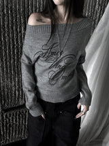 gray lettering off-shoulder knit