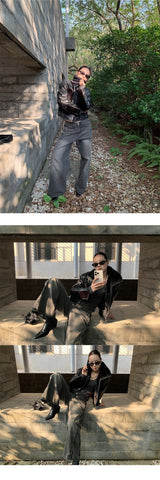 Black fur high-neck zip-up leather jacket