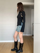 half-turtleneck shoulder slit ribbed long-sleeved T-shirt