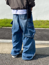 Washing diagonal balloon cargo denim pants 2C