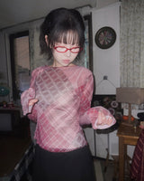 (2color) Sheer Patchwork Check Mesh Wave Tee