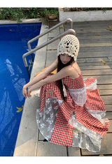 Red cherry checkered lace sleeveless long dress