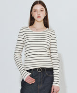 ROUND NECK STRIPED RIBBED KNIT_IVORY