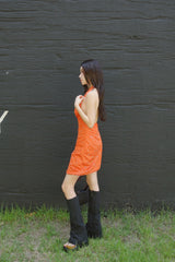orange deep V-neck halter neck mini dress