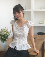 Badue Floral Strap Puff Short Sleeve Blouse