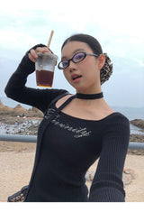 ビーズスカーフリブ長袖ニットTシャツ