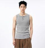 Ribbed Henley-Neck Sleeveless Top Gray