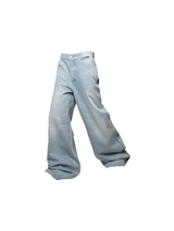 LABEL Series Basic Washed Waist Half Zipper Back Waist Cowhide Limited Edition Leather Brand Loose Straight Leg Jeans