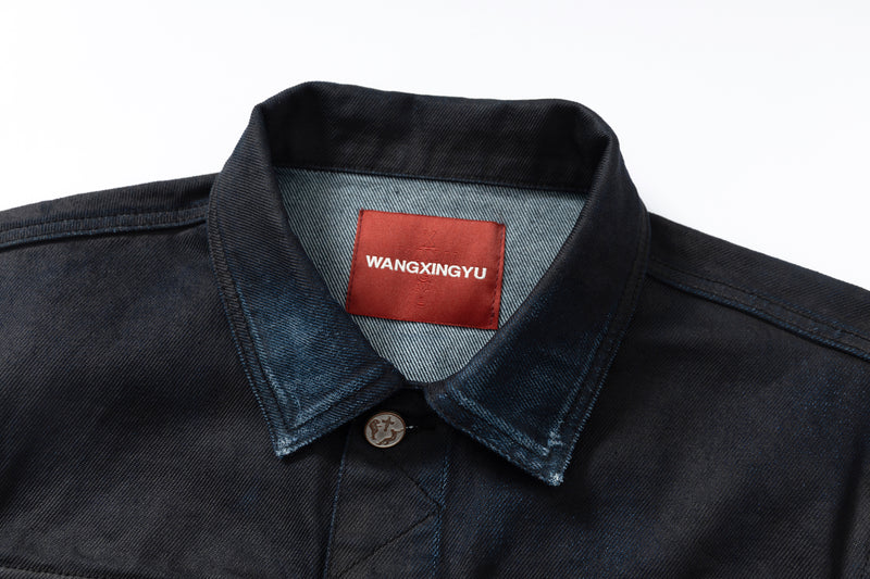 COATED KNIFE-SCRAPED HAND-WIPED DISTRESSED DENIM JACKET