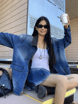 denim loose fit collar zip-up jacket two-piece (skirt set)