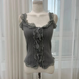 Lace frill front button ribbed sleeveless top (4 colors)