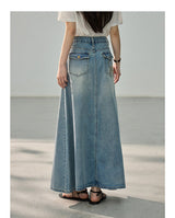 Minimal Vintage Washing Embroidered Denim Pencil Skirt
