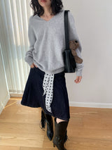 Dark blue raw cotton flared pleats midi skirt