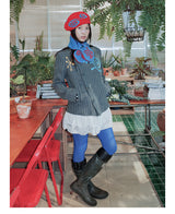 UnsocialNight original literary wool contrast colour フラワーアレンジメントプリントツイードジャケット detachableレースコート