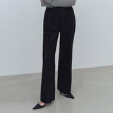 PINTUCK WIDE WOOL SLACKS PANTS - BLACK