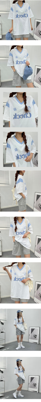 チェックVネックオーバーフィット半袖Tシャツ