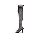メッシュレースアップオープントゥブーツヒール(Black)