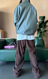 (UNISEX) LEATHER FAUX-LEATHER AUTUMN BOXY ルーズフィットフィールドジャケット – KHAKI