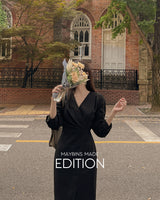 【MADE】Vネックシャーリングロングワンピース