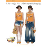 BETWEENAND Summer Cute California Orange Beaded Halter Top, Sleeveless Vest for Women