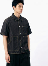 Oversized Pocket Short-Sleeve Denim Shirt Black