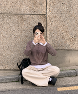 Round collar striped frill T-shirt