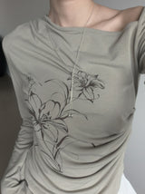 Ink Painting Flower One-Shoulder Off-Tee
