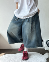 BELT💎デニムバルーンワイドバミューダ 🩵3SIZE🖤2COLOR