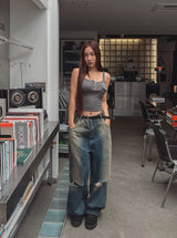 クロスダメージバンディングデニムパンツ