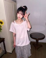 (2color) レースストライプオフショルダーT