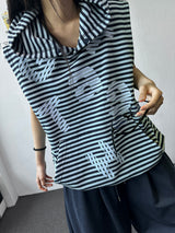 Swan Stripe Letter Patch Hooded Sleeveless Top 3color