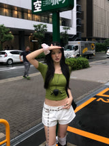 オリーブ ダイアリー ボタン Uネック スリムフィット Tシャツ